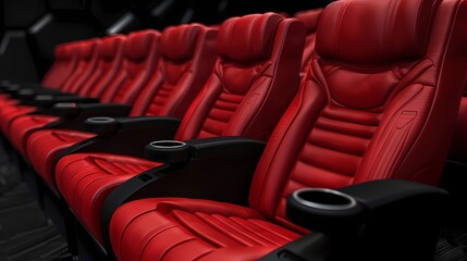 Obraz premium A picture of a lot of elegant red cinema seats with black armrests, Generative AI illustrations.
