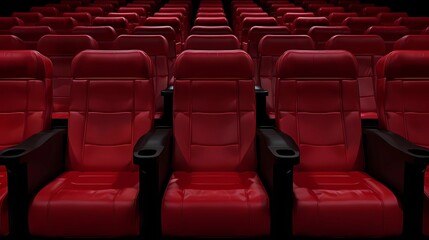 Obraz premium A picture of a lot of elegant red cinema seats with black armrests, Generative AI illustrations.