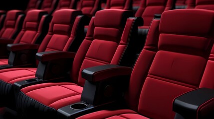 Obraz premium A picture of a lot of elegant red cinema seats with black armrests, Generative AI illustrations.
