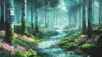 Obraz premium Magical forest scene with sunlight filtering through birch trees, a gentle stream, and vibrant wildflowers creating a serene, dreamlike atmosphere