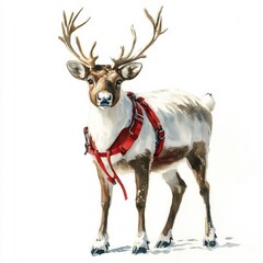 A striking illustration of a reindeer wearing a red harness, showcasing its majestic antlers against a white background.