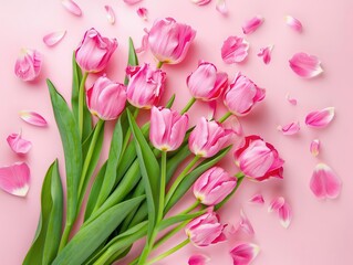 Obraz premium vibrant tulip bouquet explosion, pink petals scattered across pastel background, flat lay composition, fresh spring energy