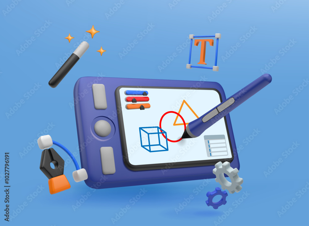 Aufkleber web design tablet. 3d digital graphic tool. education or artist pen render. mobile stylus. photo edi