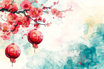 Painting of a cherry blossom tree with pink flowers. The painting has a serene and peaceful mood, with the pink flowers and blue sky creating a calming atmosphere. The tree branches are spread out