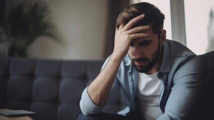 Thoughtful serious man touching chin, looking at smartphone screen, sitting on couch at home, pensive young businessman or student reading bad news in message, unexpected debt, solving problem