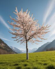 Obraz premium Serene Alpine Landscape with Cherry Blossom Tree.