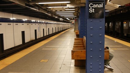 New York City, empty subway station interior, underground metropolitan platform sign. Metro train,...