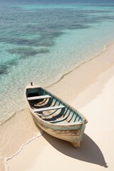 Obraz premium Tranquil Paradise A Serene Beach Getaway with Wooden Boat in Crystal Clear Ocean Waters.