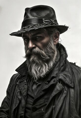 Fototapeta premium dramatic portrait of old bearded detective in a hat on a white background cinematic light