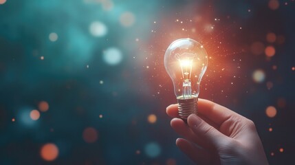 Concept of enlightenment, hand holding a lightbulb with a bright, soft halo effect