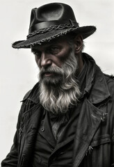 Fototapeta premium dramatic portrait of old bearded detective in a hat on a white background cinematic light