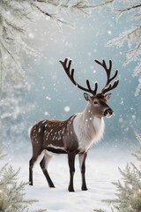 Majestic Reindeer with Spotted Coat Standing in Sparkling Winter Wonderland.