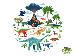 Cartoon prehistoric dinosaurs, jurassic forest and volcano round banner. Funny dinosaur animals and dino birds vector characters, jungle palms. Cute argentavis, lystrosaurus, anatotitan and raphus © Vector Tradition
