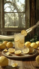 Refreshing lemonade served in a glass surrounded by fresh lemons and a hammock in a sunny setting