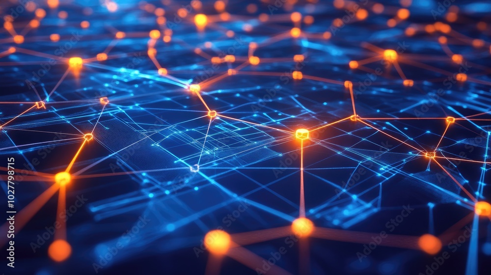 Poster digital abstraction of interconnected technology nodes and glowing pathways