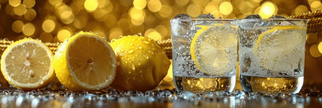 Refreshing lemon drinks with ice and lemon slices on a golden background during a festive occasion