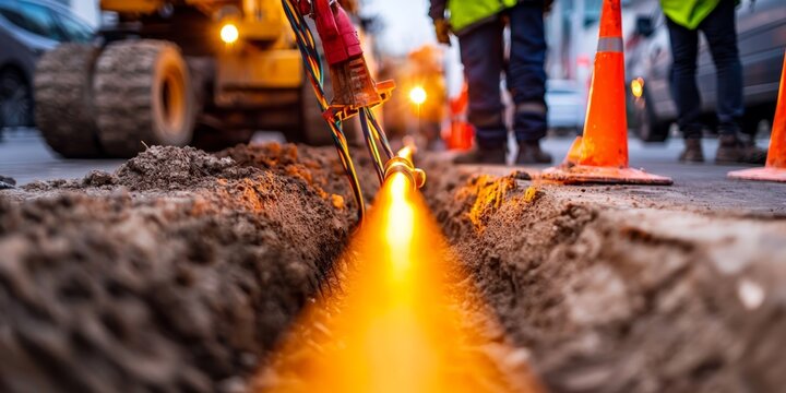 Focused image of underground cable installation on a city street, with glowing conduit, dirt trench, and construction equipment.