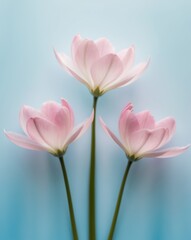 Fototapeta premium Three pink and green flowers on a blue background with two center flowers.