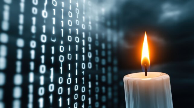Candle illuminating binary code in a dark, mysterious setting, AI