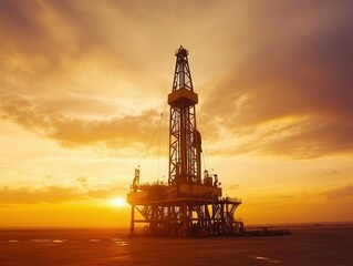 a silhouetted drilling rig at dawn, bathed in soft light as the first rays of sun break through the horizon, casting a serene glow over the oil field, symbolizing the dawn of a new day in industry