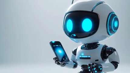 A futuristic robot holding a smartphone with glowing blue features.