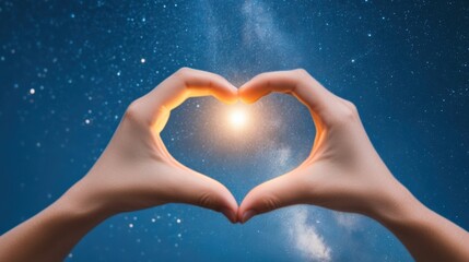 Fototapeta premium Hands form a heart shape framing a glowing star against a starry night sky, AI