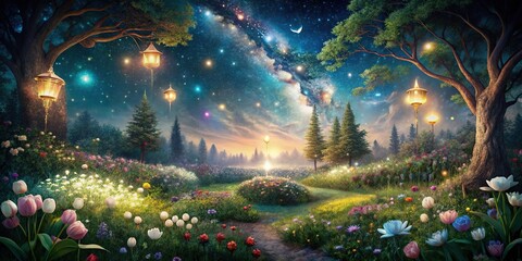 Obraz premium Enchanted ethereal garden glowing under starry night sky in dreamy surreal landscape, worm's eye view