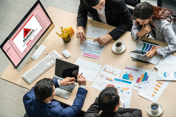 Cyber attacking concept. Malware alert showing on computer screen display scam and threat detection on computer system or online server to be removed snugly.