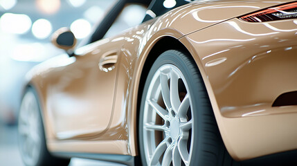 A modern car features a smooth beige finish, showcasing intricate details and a stylish wheel, highlighted by soft ambient lighting. Closeup of a modern beige car in light.