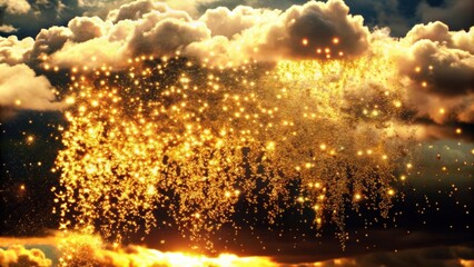 Naklejka premium Golden Sparkles Falling from Clouds at Sunset