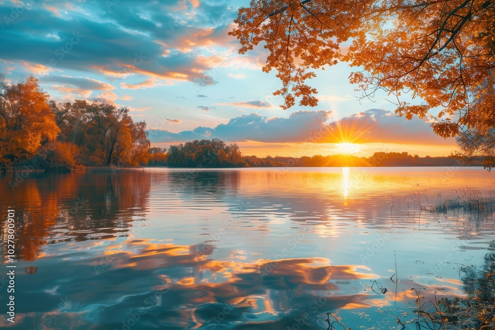 Poster as the sun sets over the calm lake, autumn colors burst in the sky, creating a stunning reflection o