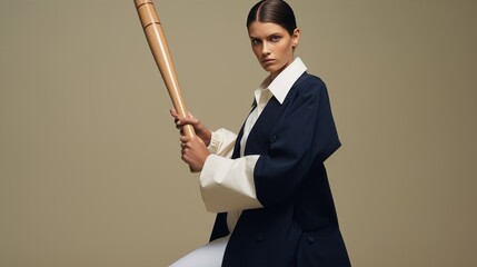 Stylish woman looks confident in an oversized suit jacket, sporty chic, with a baseball bat.
