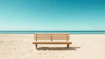 A solitary wooden bench sits on the sandy beach gazing at the expansive ocean. The scene inspires reflection, solitude, and peaceful thoughts, ideal for mindfulness.