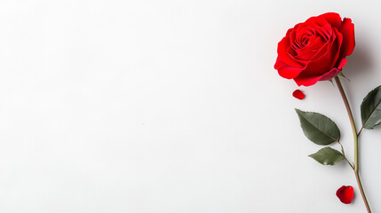Red rose with petals on white background