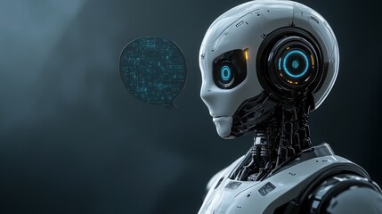 A futuristic robot with a speech bubble, suggesting communication or AI interaction.