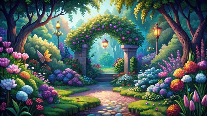 Enchanted pixel art garden with blooming flowers, magical vibe, and vibrant colors close-up