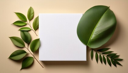 blank white canvas mockup and green leaves on beige background flat lay top view copy space