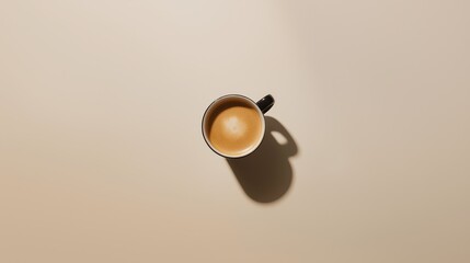 Minimalist Top-Down View of White Cup of Coffee with Froth on Light Beige Background, Clean Composition with Shadow 