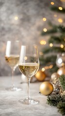 Festive New Year celebration featuring sparkling champagne, surrounded by warm golden lights.