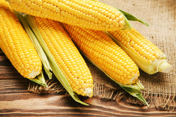 Ripe corn with sackcloth on brown wooden table