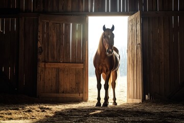 Majestic brown horse is standing at the open door of a stable, illuminated by the sun shining through the doorway