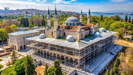 Fototapeta premium renovation site, Turkey, renovation works, plastic, Ottoman Empire, Renovation of a section of the historic Topkapi Palace enveloped in plastic and scaffolding as seen from a high angle