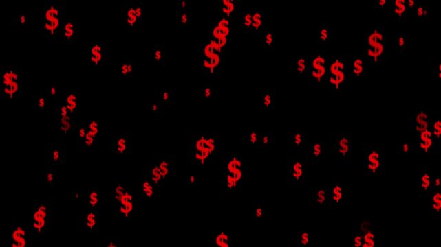 Flying red Dollar Icons Animation on a Black Screen. America Money Symbol Shower for Finance, Wealth, and Business Concepts.