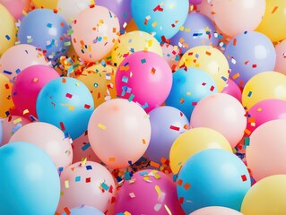 brightly colored birthday-themed background, filled with balloons and confetti, exuding a joyful atmosphere perfect for celebrations and festivities
