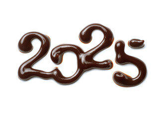 Date of the New Year 2025 drawn with melted chocolate close up isolated on a white background © Krafla