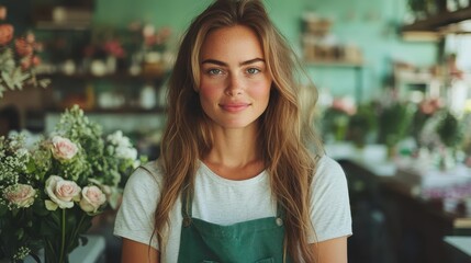 A young woman florist poses elegantly amidst vibrant fresh blooms in her shop, wearing an apron, exuding a sense of passion, artistry, and dedication to her craft.