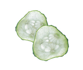 Two thinly sliced ​​cucumber slices close up isolated on a white background