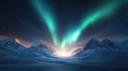 Naklejka premium Stunning aurora borealis over snow-covered mountains at night.