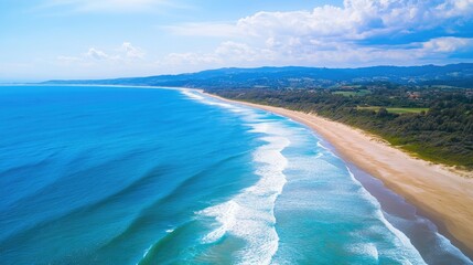 Drone view of a bright blue sea with waves splashing and a golden sandy beach stretching out under the sun