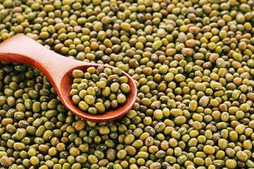 Background of ripe soy beans with spoon